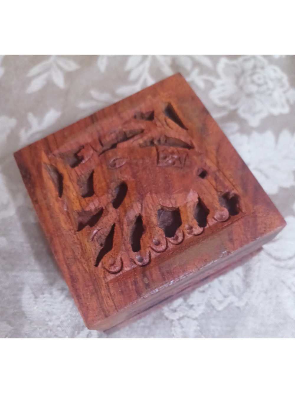Elephant Hand Carved Wood VTG Hinged Trinket Jewelry Box 3x3x2